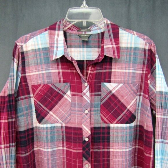 Eddie Bauer Red Blue Plaid Crinkle Button Up Top Womens Size XL Classic Fit - Picture 2 of 7